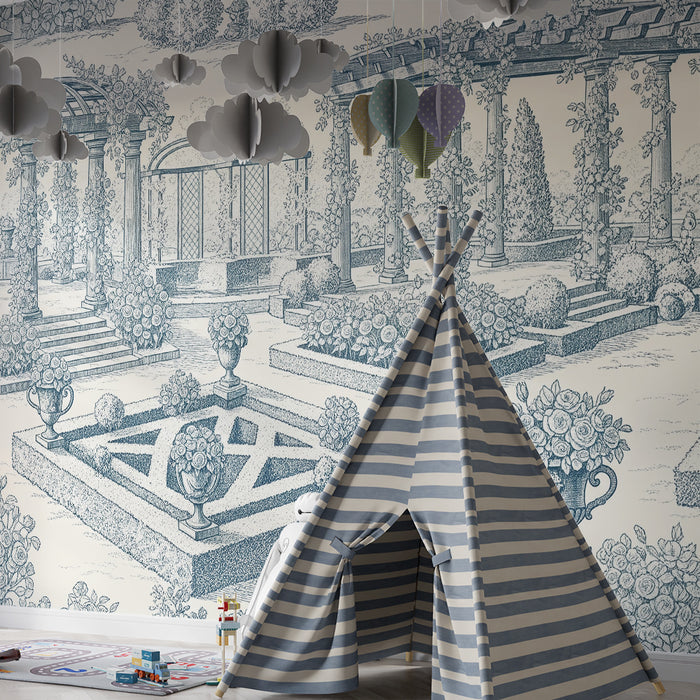 Behang babykamer | Betoverende tuin met rozentuin en pergola