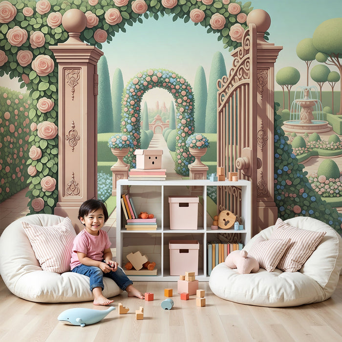 Papier peint chambre bébé | Jardin enchante avec roses et fontaines