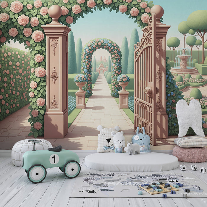 Papier peint chambre bébé | Jardin enchante avec roses et fontaines