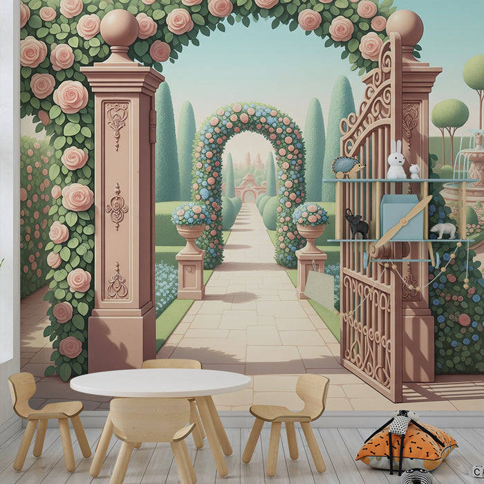 Papier peint chambre bébé | Jardin enchante avec roses et fontaines