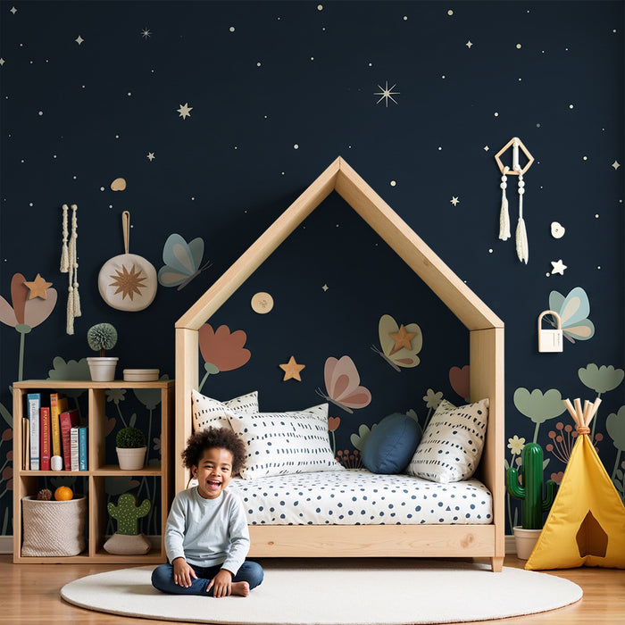 Nursery room wallpaper | Starry garden with flowers and butterflies