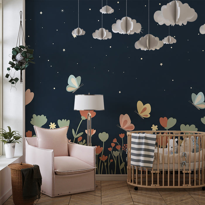 Nursery room wallpaper | Starry garden with flowers and butterflies
