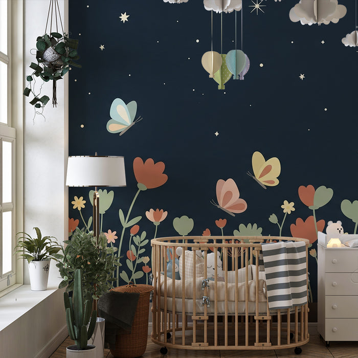 Nursery room wallpaper | Starry garden with flowers and butterflies