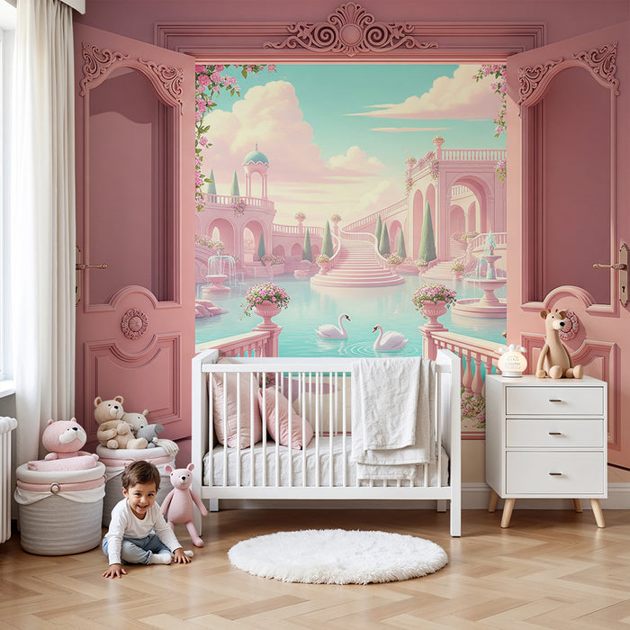 Papier peint chambre bébé | Jardin féerique avec cygnes et fontaines