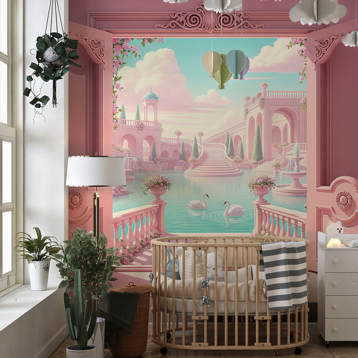 Papier peint chambre bébé | Jardin féerique avec cygnes et fontaines