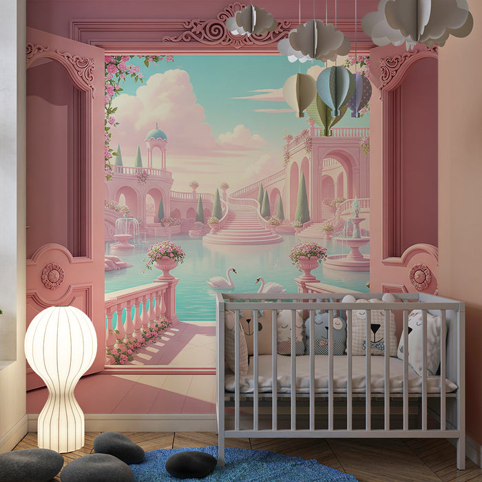 Papier peint chambre bébé | Jardin féerique avec cygnes et fontaines