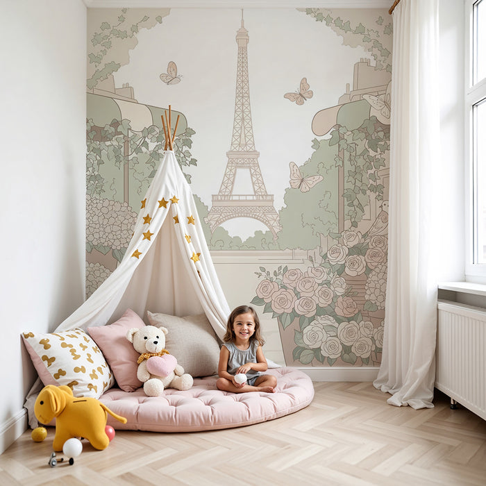 Baby room wallpaper | Flower garden with the Eiffel Tower in the background