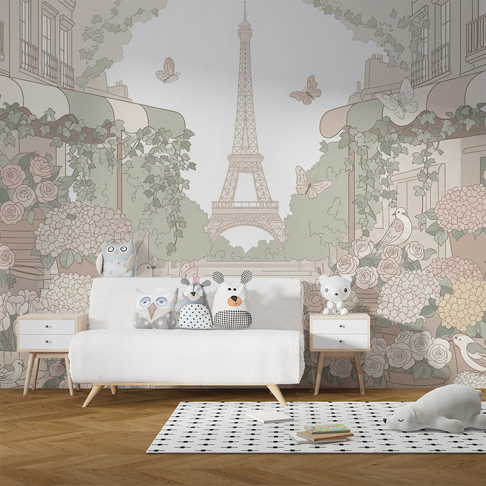 Baby room wallpaper | Flower garden with the Eiffel Tower in the background