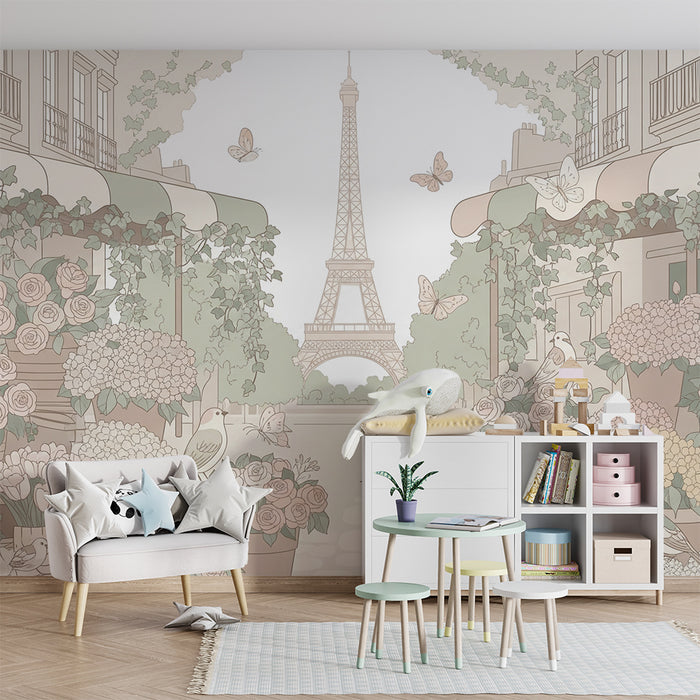 Baby room wallpaper | Flower garden with the Eiffel Tower in the background