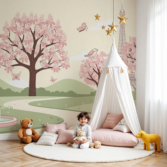 Tapete Babyzimmer | Blühender Garten mit Eiffelturm und Vögeln