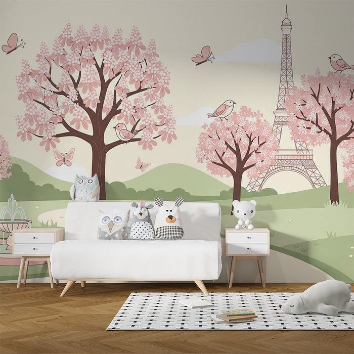 Tapete Babyzimmer | Blühender Garten mit Eiffelturm und Vögeln