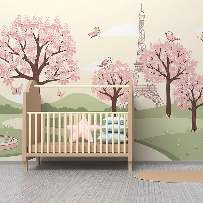 Tapete Babyzimmer | Blühender Garten mit Eiffelturm und Vögeln