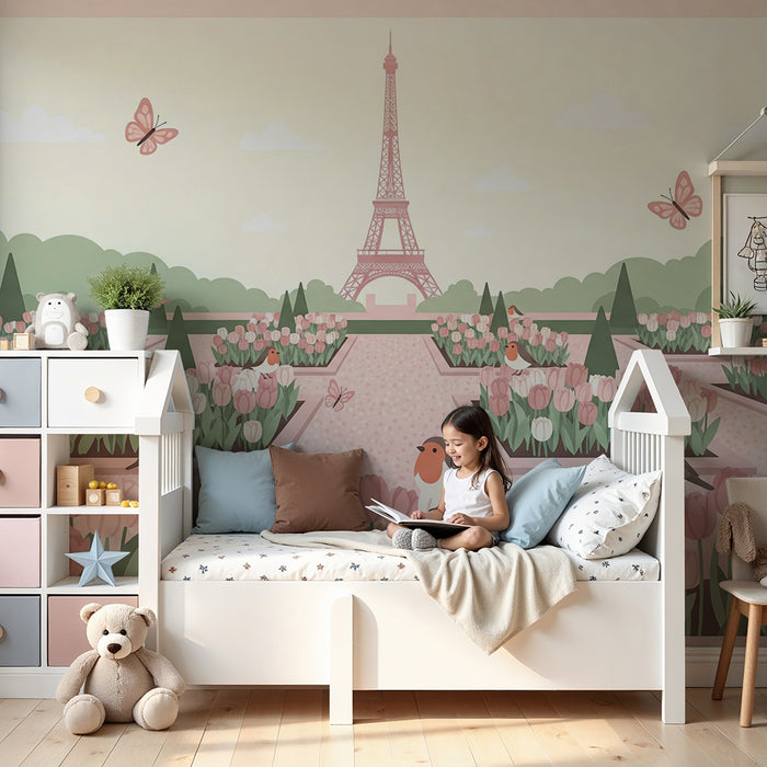 Behang babykamer | Bloementuin met de Eiffeltoren en schattige vogels