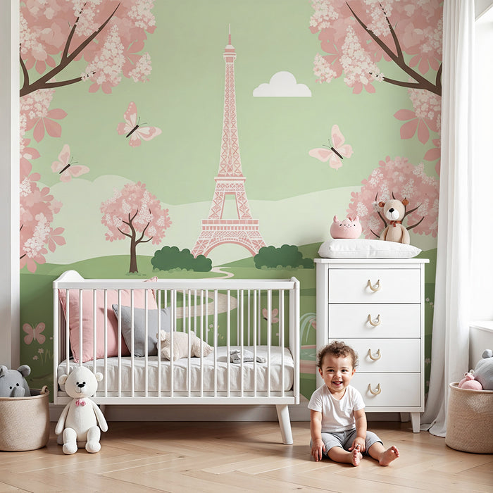 Papier peint chambre bébé | Jardin fleuri avec la Tour Eiffel et oiseaux colorés
