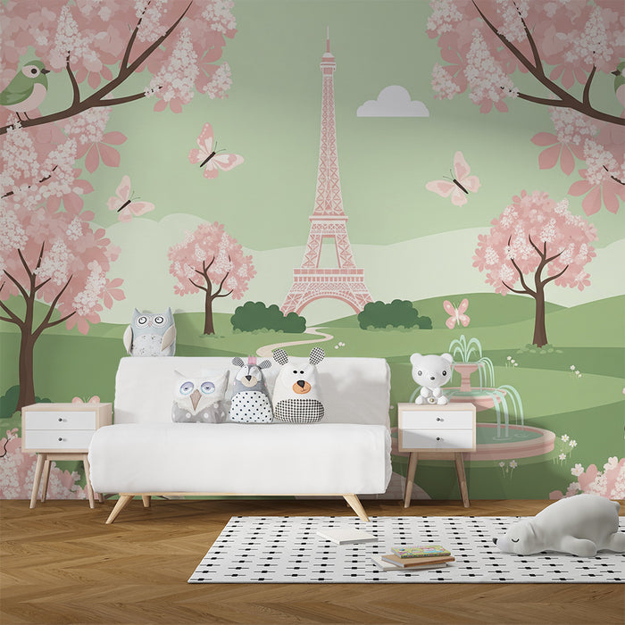 Papier peint chambre bébé | Jardin fleuri avec la Tour Eiffel et oiseaux colorés