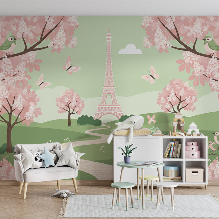 Papier peint chambre bébé | Jardin fleuri avec la Tour Eiffel et oiseaux colorés