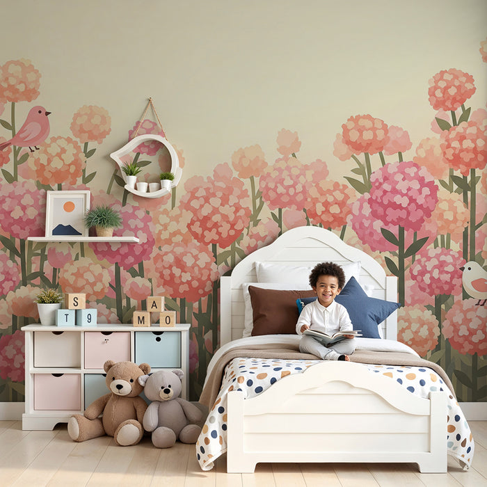 Babykamer behang | Bloementuin met kleurrijke vogels