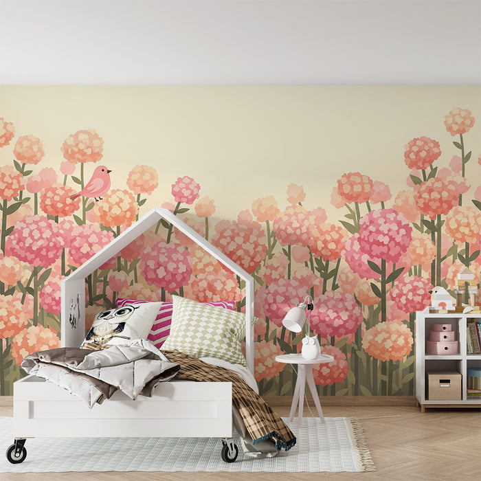 Babykamer behang | Bloementuin met kleurrijke vogels
