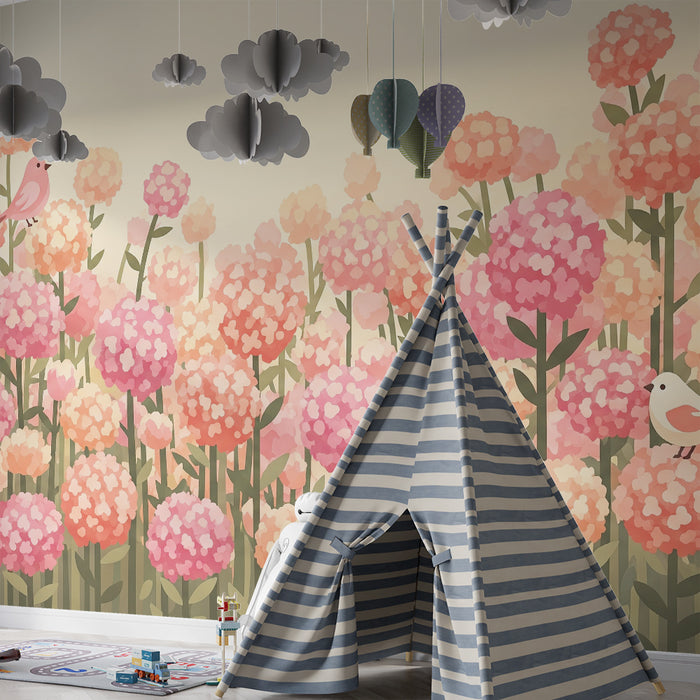 Babykamer behang | Bloementuin met kleurrijke vogels