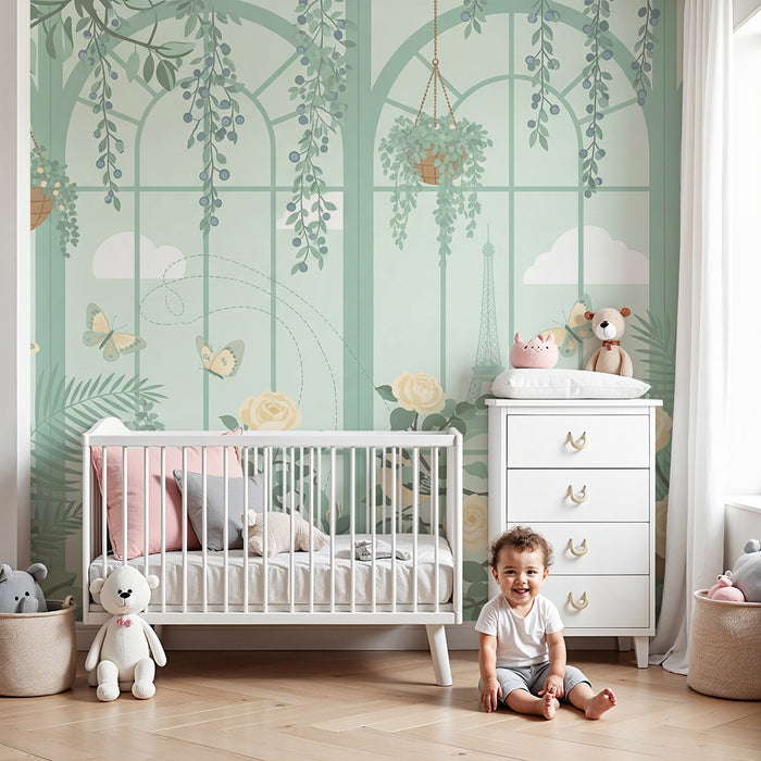 Behang babykamer | Bloementuin met vogels en vlinders in een kas