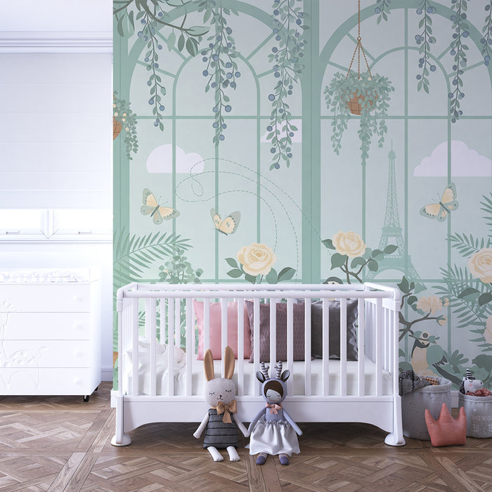 Behang babykamer | Bloementuin met vogels en vlinders in een kas