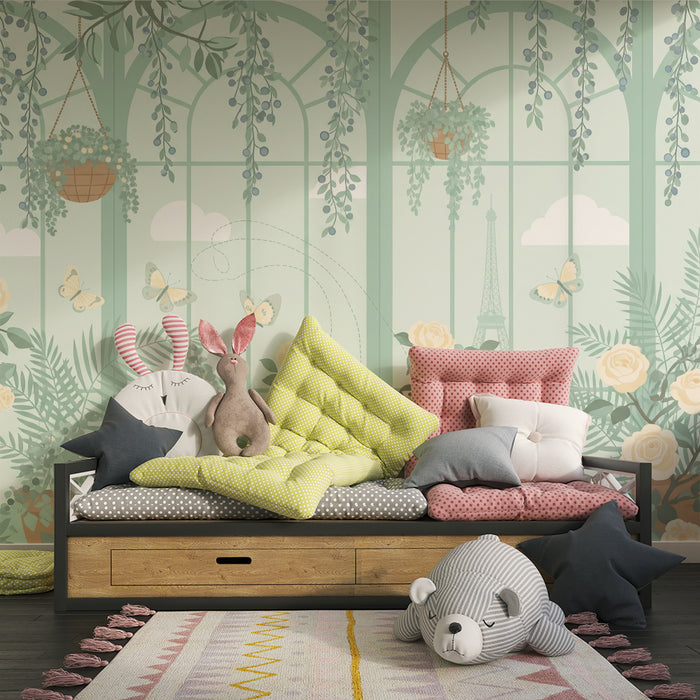 Behang babykamer | Bloementuin met vogels en vlinders in een kas