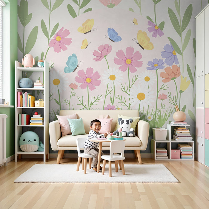 Papel de parede quarto bebê | Cvetlični vrt z barvitimi metulji