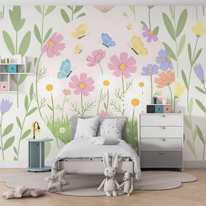 Papel de parede quarto bebê | Cvetlični vrt z barvitimi metulji