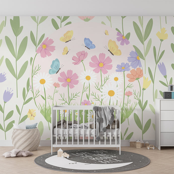 Papel de parede quarto bebê | Cvetlični vrt z barvitimi metulji