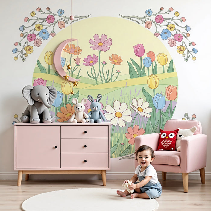 Nursery room wallpaper | Pastel floral garden with tulips and daisies