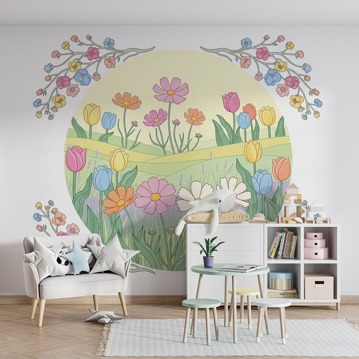 Nursery room wallpaper | Pastel floral garden with tulips and daisies