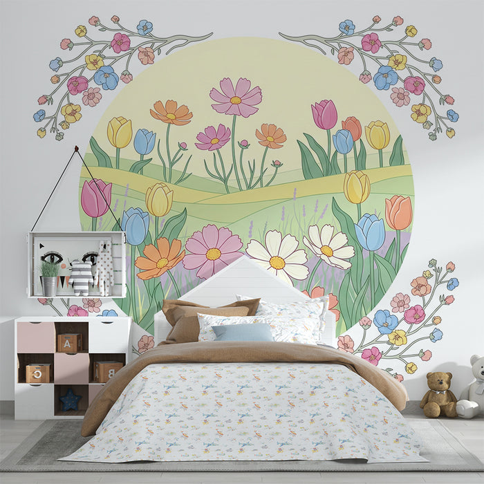 Nursery room wallpaper | Pastel floral garden with tulips and daisies