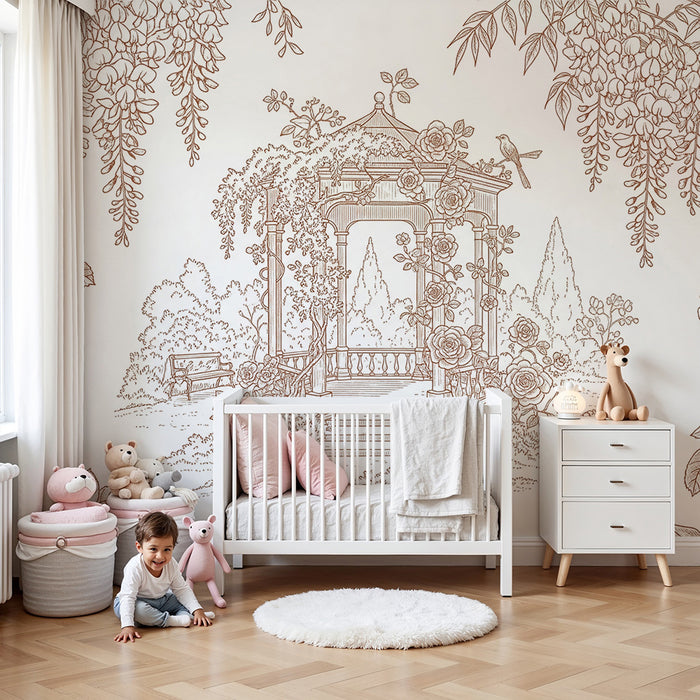 Papel de parede para quarto de bebé | Jardim romântico com roseiral e pérgula