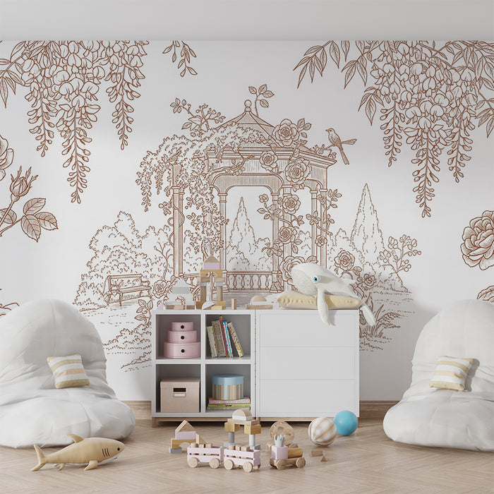 Papel de parede para quarto de bebé | Jardim romântico com roseiral e pérgula