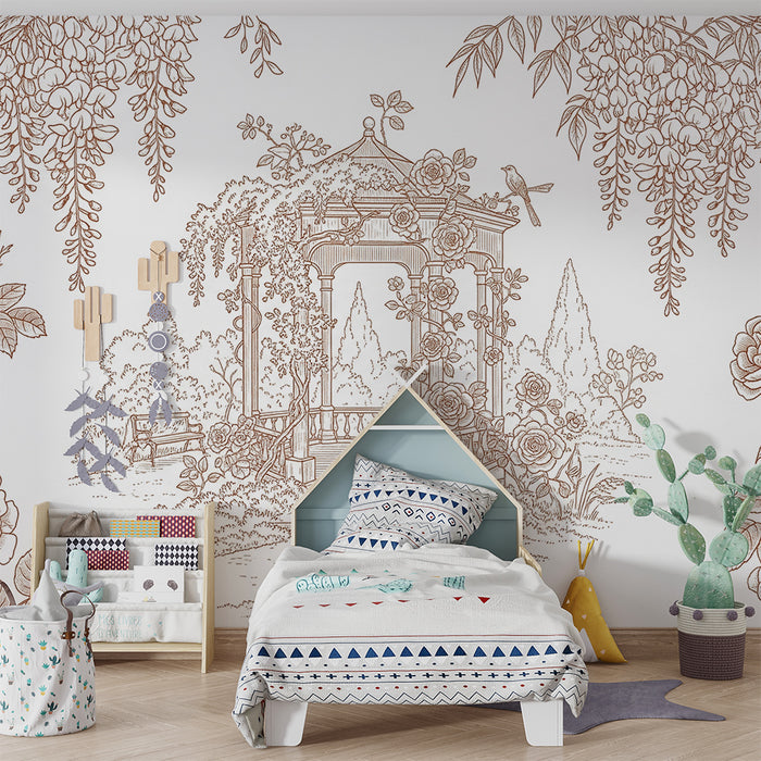 Papel de parede para quarto de bebé | Jardim romântico com roseiral e pérgula