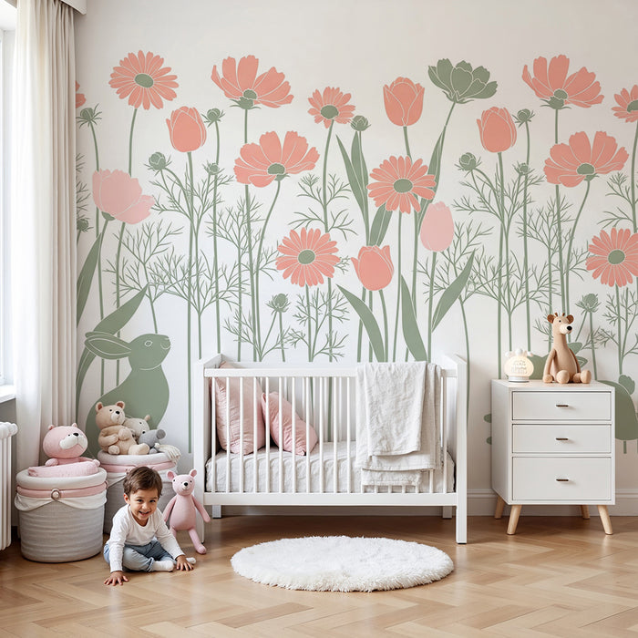 Papel pintado infantil | Jardinera de flores y conejitos lindos