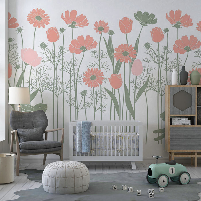Papel pintado infantil | Jardinera de flores y conejitos lindos
