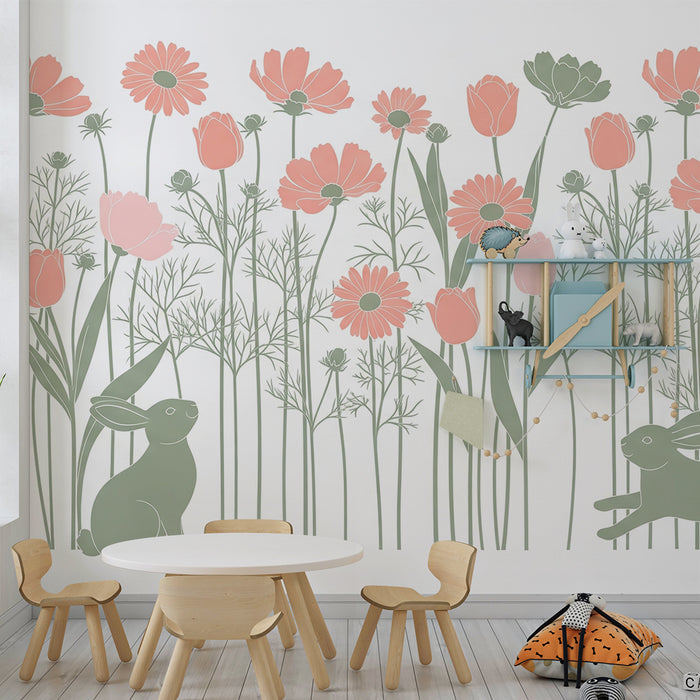 Papel pintado infantil | Jardinera de flores y conejitos lindos
