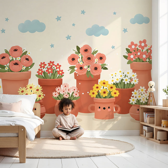 Papier peint chambre bébé | Jardinières joyeuses avec fleurs colorées et nuages
