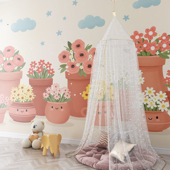 Papier peint chambre bébé | Jardinières joyeuses avec fleurs colorées et nuages