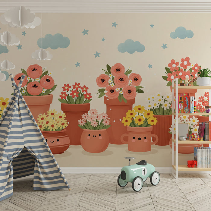 Papier peint chambre bébé | Jardinières joyeuses avec fleurs colorées et nuages