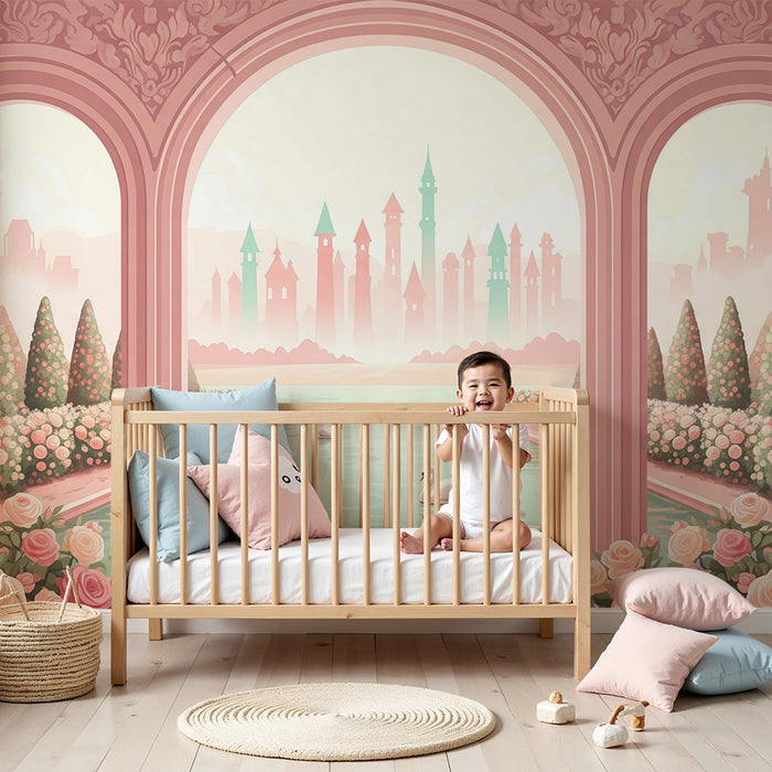 Papier peint chambre bébé | Jardins enchantes avec cygnes et châteaux pastel