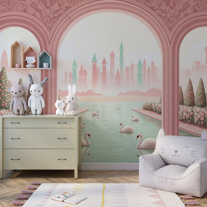 Papier peint chambre bébé | Jardins enchantes avec cygnes et châteaux pastel