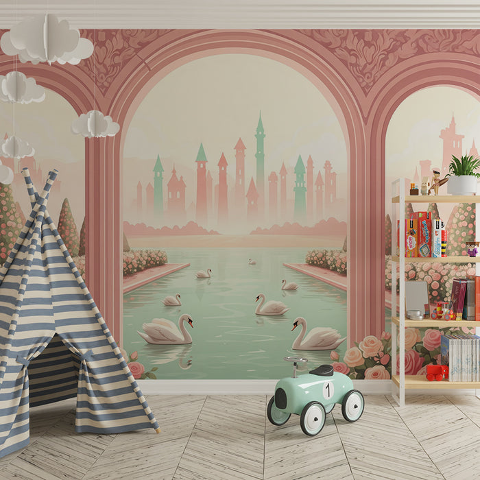 Papier peint chambre bébé | Jardins enchantes avec cygnes et châteaux pastel