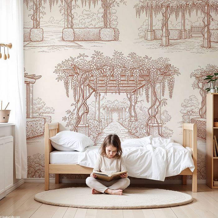Papel de parede para quarto de bebé | Jardins encantados com pérgolas e folhagem delicada