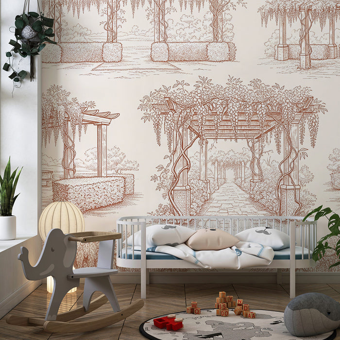 Papel de parede para quarto de bebé | Jardins encantados com pérgolas e folhagem delicada