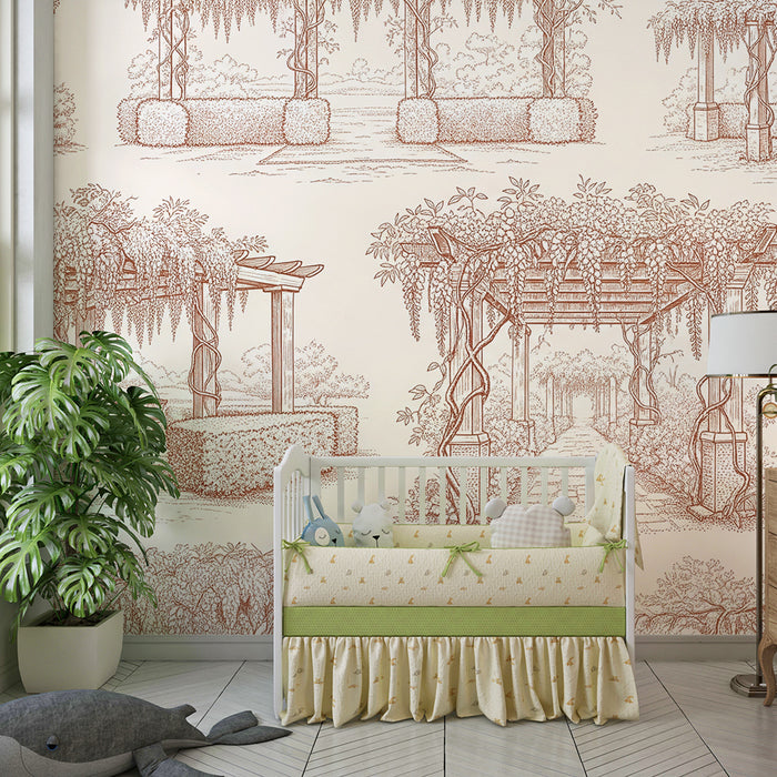 Papel de parede para quarto de bebé | Jardins encantados com pérgolas e folhagem delicada