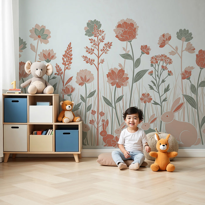Carta da parati bambini | Giardini fioriti con adorabili conigli