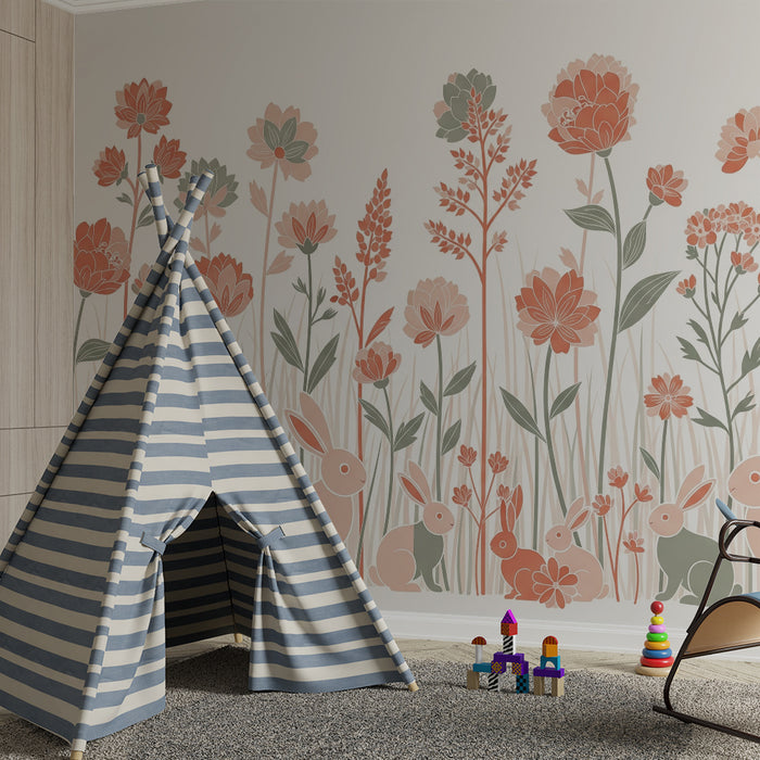 Carta da parati bambini | Giardini fioriti con adorabili conigli