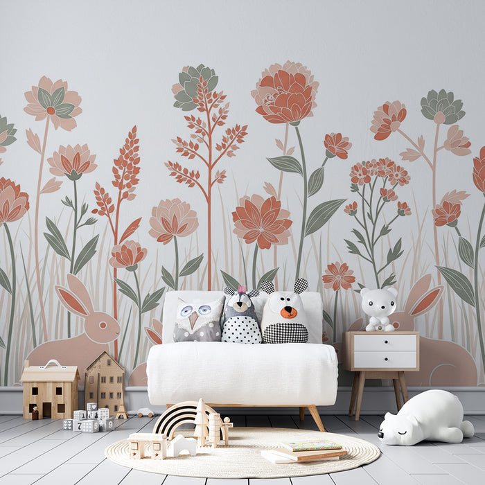 Carta da parati bambini | Giardini fioriti con adorabili conigli